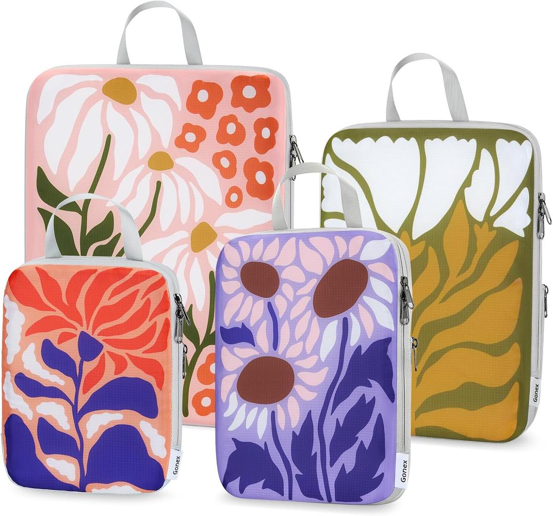 Gonex Compression Packing Cubes, 4pcs Expandable Storage Travel Luggage Bags Organizers, Travel Cubes for Suitcase Carry On (Flowers)