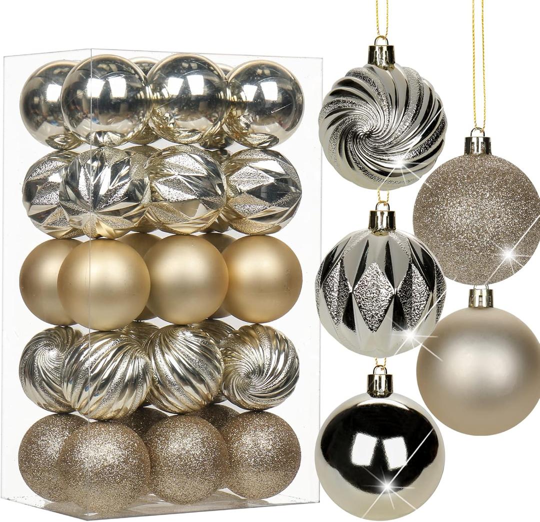2.36" Champagne Christmas Ornaments for Christmas Tree 30 Pcs Small Shatterproof Balls Christmas Tree Decorations Xmas Ornaments Balls with Hanging Loop for Wedding Holiday Party Wreath Home Decor