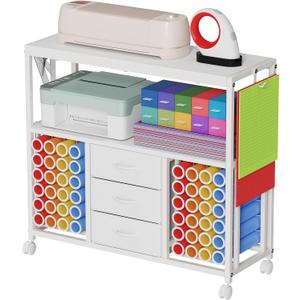 48 Vinyl Roll Holders for Cricut Cart, 32"W Large Craft Cart with 3 Fabric Drawer, Craft Organization and Storage Compatible with Cricut Maker Machine, Crafting Table Workstation, White,Patent Pending