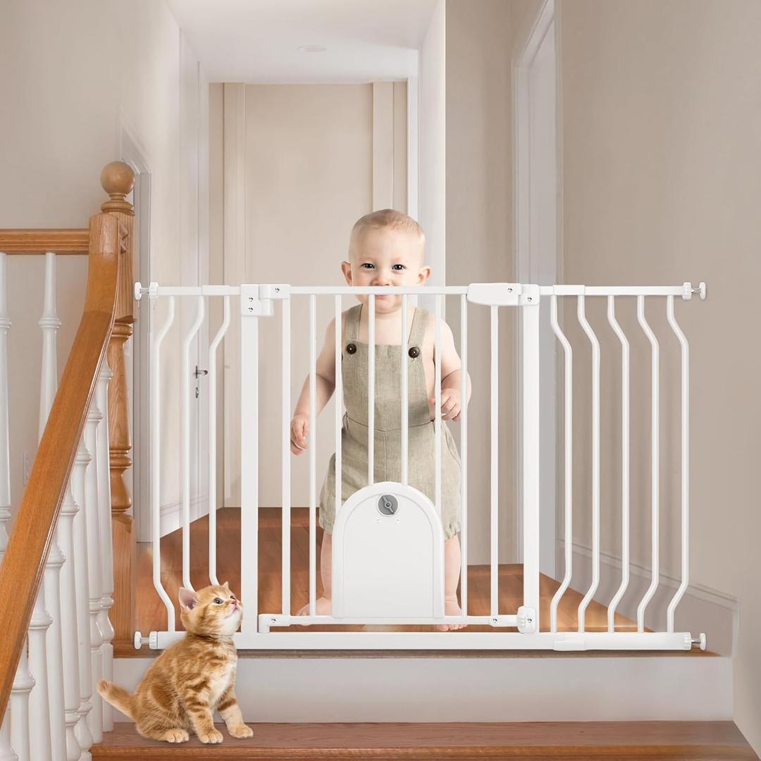 Baby Gate with Cat Door for Stairs - Baby Gate with Pet Door Auto Close 29.5"-48.5" Safety Metal Dog Gate for Door Ways/Stairs/House/Walk Through with Includes 2 Extension Pieces and 4 Wall Cups (White)