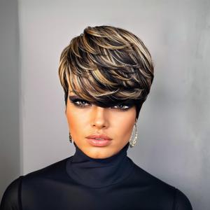 Short Layered Wavy Curly Wig with Bangs Brown Highlights Human Hair Pixie Cut Wig for Black Women Mixed Brown Color Daily Wear 1B/613/30#