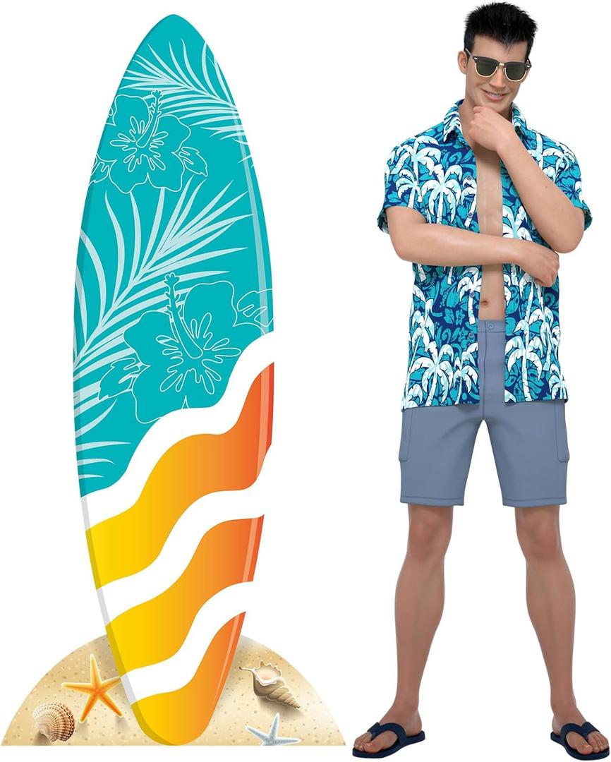 Novabright 6ft Orange Blue Hibiscus Floral Surfboard Cardboard Cutout Stand up Tropical Beach Themed Party Decoration Life Size Photo Props for Summer Hawaiian Beach Party Sign Backdrop