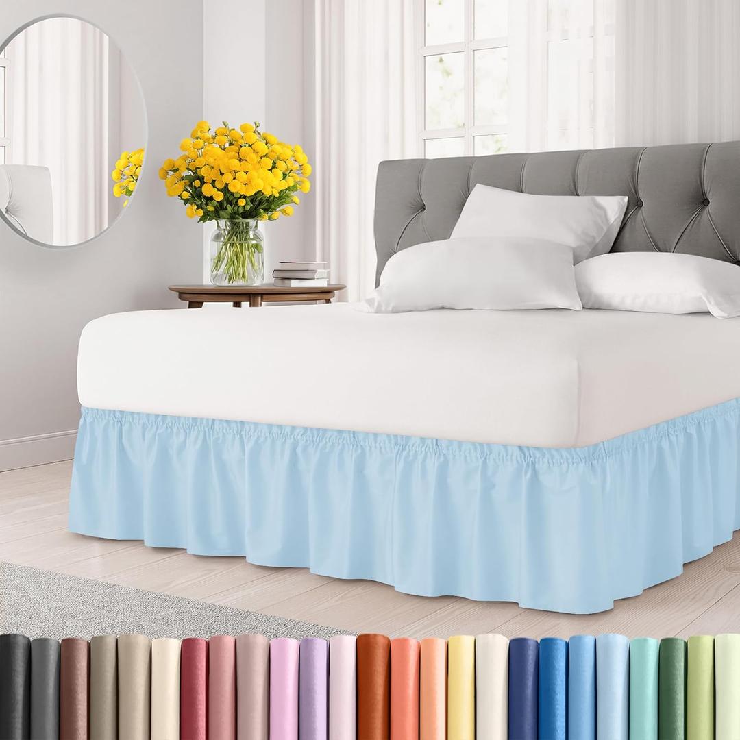 Wrap Around Dust Ruffle Bed Skirt - Light Blue - for King Size Beds with 15 Inch Drop - Elastic Strap - Adjustable Pleated Bedskirt with Brushed Fabric and Wrinkle Free - for Women, Men, Kids & Teens (16 - Baby Blue)