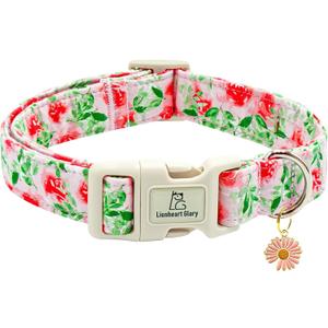 Lionheart glory Dog Collar Pink Flower Summer Spring Cute Collars Dog Girl or Boy Soft Durable Adjustable Collars for Large Dogs Pet Gift (Large(Pack of 1), Red Roses)