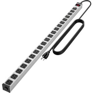 Long Metal 20 Outlet Wide Spaced Garage Industrial Heavy Duty 15 Ft Extension Cord Power Strip 15A, 125V, 1875W Silver&Black