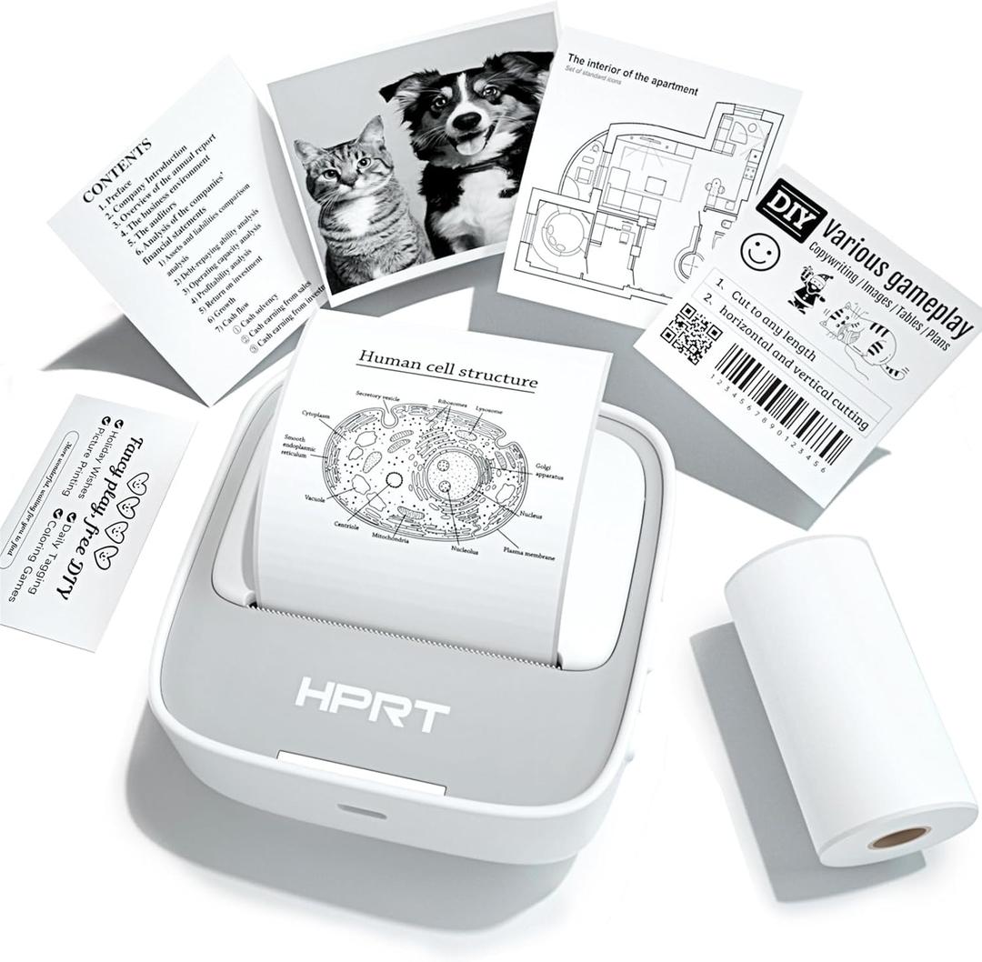 HPRT Mini Printer Sticker Maker with 1 Rolls Paper, Bluetooth Portable Thermal Printer, Print Pods Printer for Pictures, Study Notes, Kid's DIY Creation, Memo, List, Compatible with Phone (White-grey)