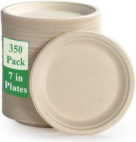 Vplus 350 Pack Paper Plates 7 inch 100% Compostable, Heavy-Duty Disposable Paper Plates Bagasse Natural Biodegradable Eco-Friendly Sugarcane
