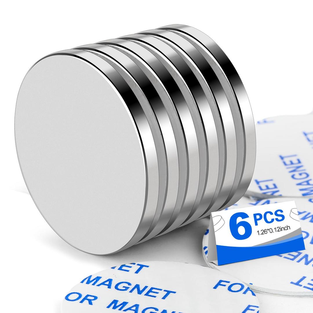 Super Strong Neodymium Disc Magnets with Double-Sided Adhesive, Powerful Permanent Rare Earth Magnet Fridge, DIY, Building, Scientific, Craft, and Office Magnets, 1.26 inch D x 1/8 inch H - 6 Packs