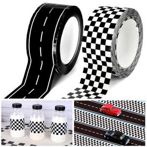 Whaline 220 Yards Checkered Flag and Road Track Tapes Black White Buffalo Tapes Decorative Race Car Road Tapes Packing Tapes for Birthday Scrapbook Box DIY Crafts