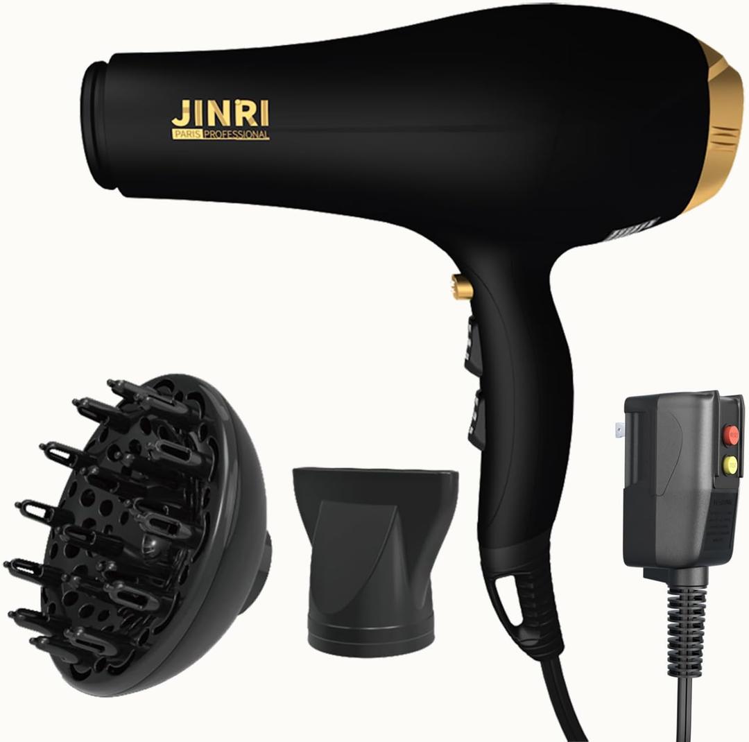 Blow Dryer - JINRI 2000W Diffuser Hair Dryer for Salon & Personal Use  Powerful, Fast Drying with Diffuser & Nozzle for Women & Men, ALCI Safety Plug, Black