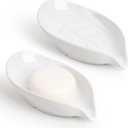 Soap Dish 2PCS, Self-Draining Bar Soap Holder, Leaf Shape Ceramic Drain Soap Dishes for Bathroom Kitchen, Easy to Clean Keeps Soap Dry, White, ANTIS'S HOME
