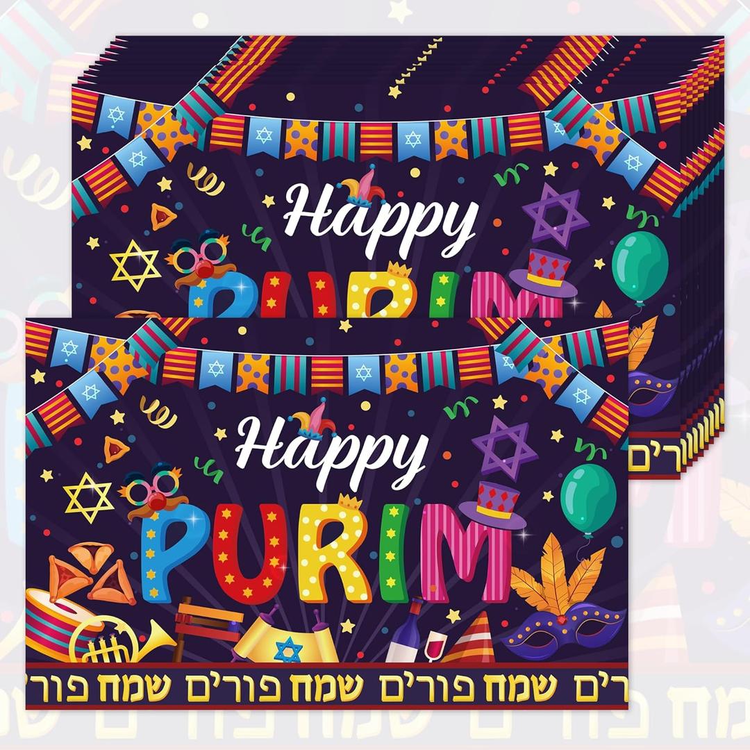 30 Pcs Purim Festival Themed Disposable Placemats Rectangular Cartoon Placemats The Perfect Choice for Holiday, Party, Home Kitchen, and Dining Table Decorations