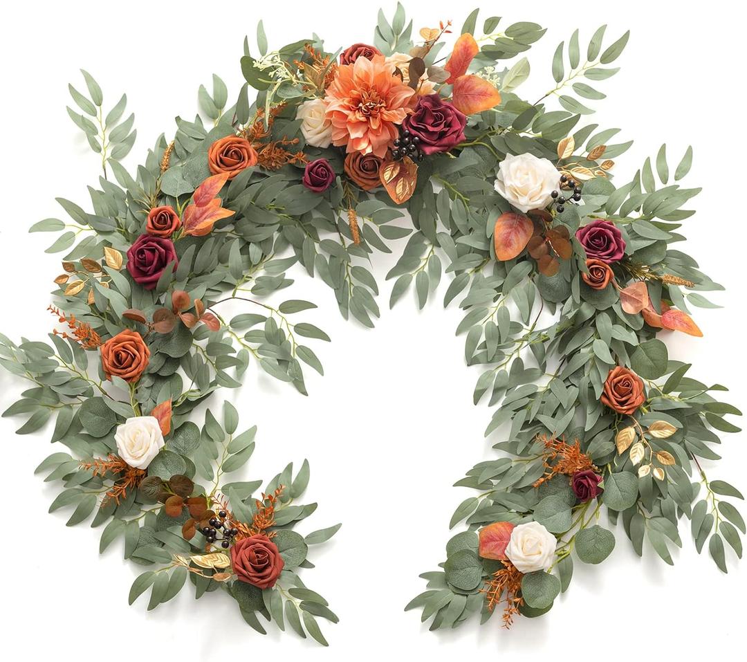 Ling's Moment Terracotta Flower Garland - 6FT Eucalyptus & Rose - Sweetheart Table Decor for Wedding Reception, Fall Artificial Floral Garland for Mantle, Christmas Decoration, Burnt Orange (Or-terracotta & Orange)