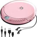 Deluxe Products CD Player Portable with 60 Second Anti Skip, Stereo Earbuds, Includes Aux in Cable and AC USB Power Cable for use at Home or in Car, Pink
