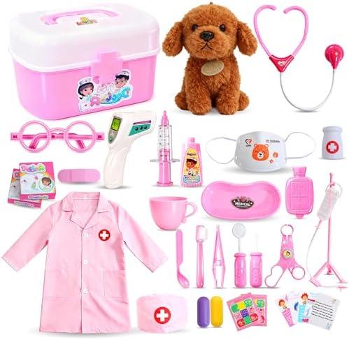Girl Toys Doctor Kit for Toddlers 3-5 with Plush Dog, 39 PCS Kids Vet Play Set with Heartbeat Sound Stethoscope & Dress Up Toddler Doctor Costume & Hat, Pretend Play Pet Vet Toy for Girls Gifts