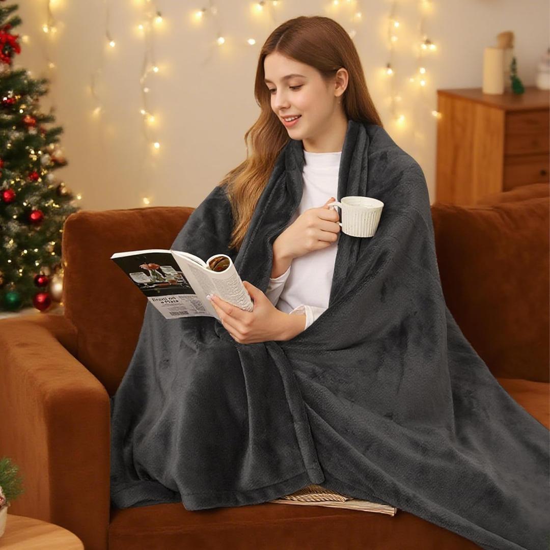 BRILLIO Electric Heated Blanket 62"x84" Twin Size Flannel Fleece  4 Heat Settings & 10H Auto Shut Off for Safe Overnight Use, Fast Heating, Machine Washable for Bed, Couch, Office  Dark Grey