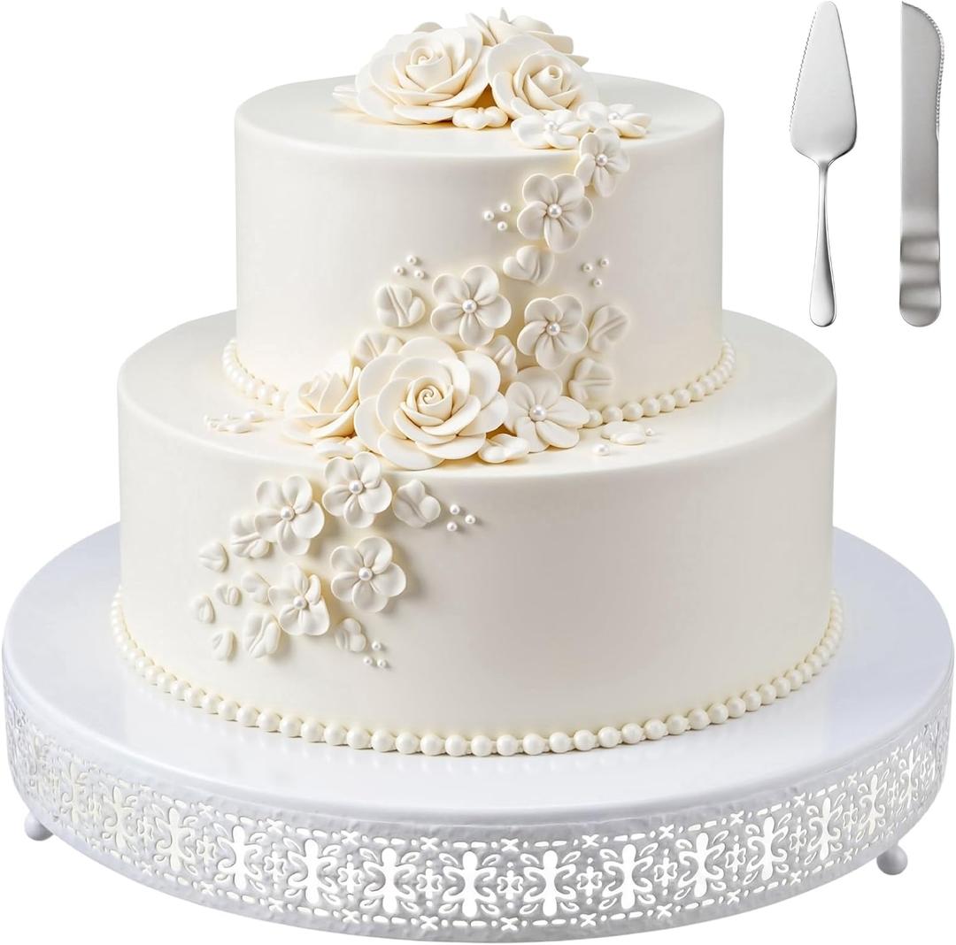 Wenqik White Cake Stand 16 Inch Metal Round Cupcake Dessert Wedding Cake Stand with Cutting & Spatula Cookies Display Holder Fruit Serving Tray for Table Wedding Birthday Anniversary Party