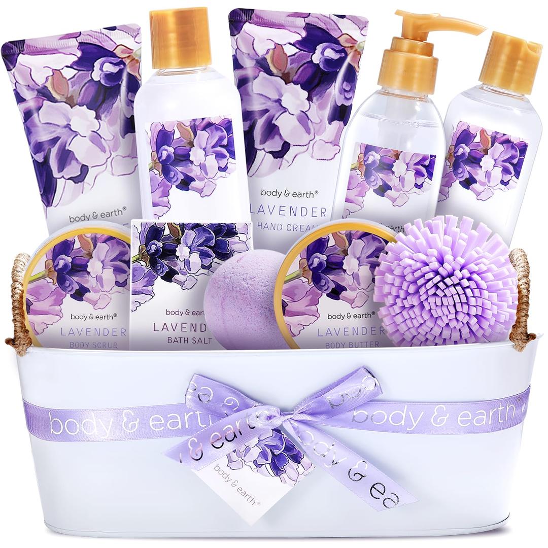 BODY & EARTH Gift Baskets - 11 Pcs Lavender Spa Gifts For Women with Bubble Bath Body Lotion Sets, Bath and Body Gifts Set For Women Christmas Gifts for Her Spa Gift Sets