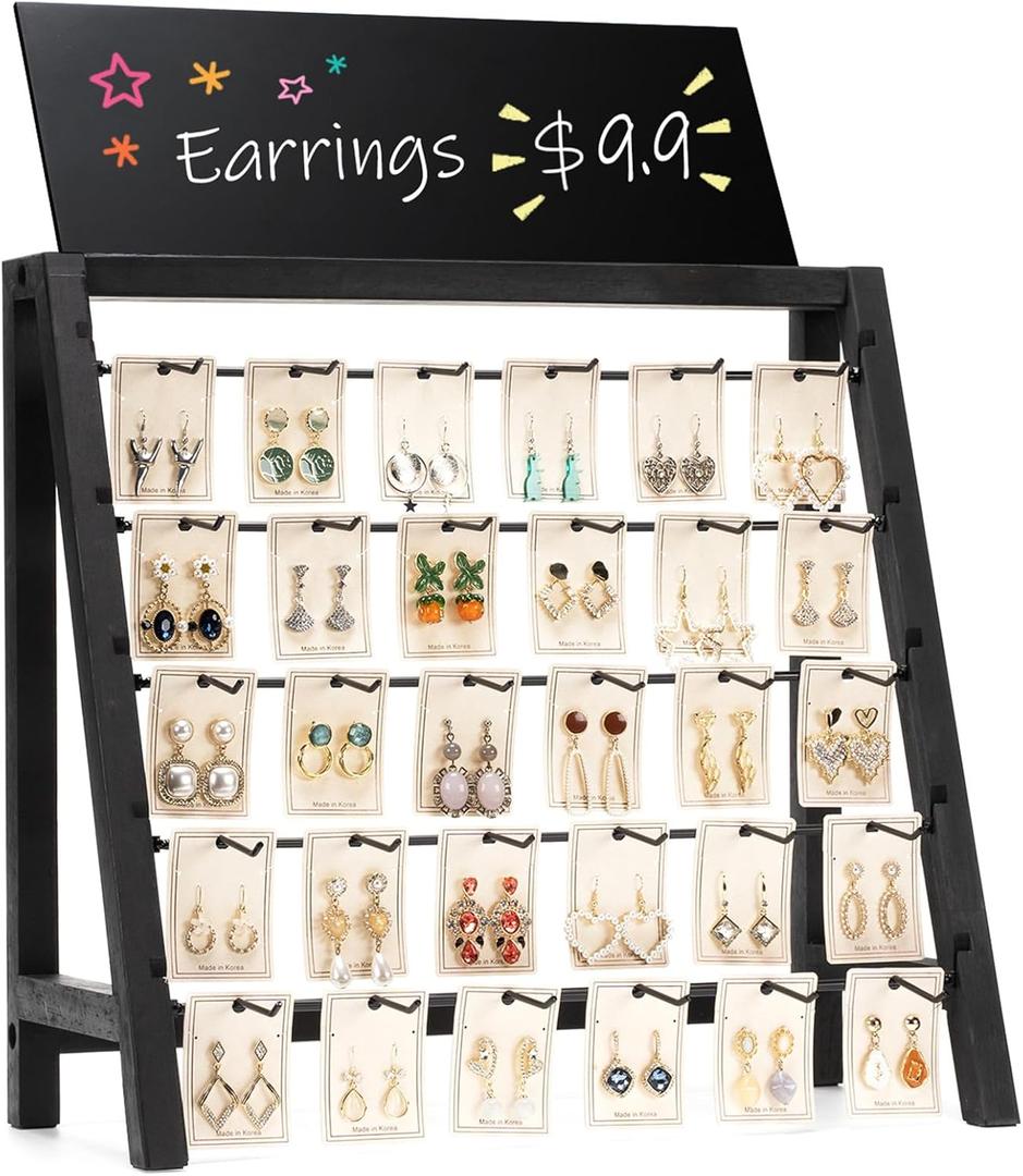 Poyilooo Jewelry Display for Vendors, 30 Hooks Wood Earring Bracelet Display for Vendors Selling with Adversitsing Board, Large Capacity Jewelry Display Holder Stands Rack for Earring Cards Keychain, Black