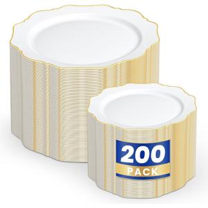 WDF 200PCS White and Gold Plastic Plates - Gold Plastic Plates - Include 100 Dinner & 100 Dessert Disposable Party Plate - Fancy Disposable Plate for Wedding Baby Shower Spring