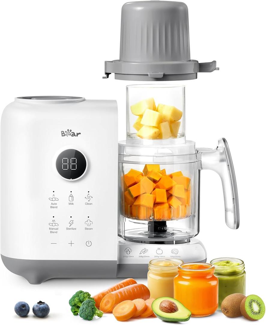 Bear Baby Food Maker with 18.5oz Dual-Layer Steam Baskets, OneStep Baby Food Processor Steamer Puree Blender Grinder Mills, Auto Cooking Grinding&Sterili-zing for Healthy Homemade Baby Food, BPA-Free (White)
