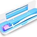 UV Toothbrush Sanitizer and Holder, Portable Travel Case and Cover, Toothbrush Cleaner Powered by AA Battery or USB-C, Fits Most Brushes (White-Blue)