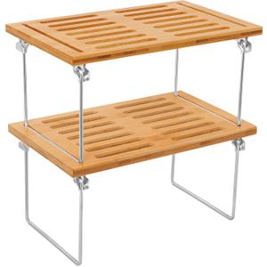 Internet's Best - Stacking Utility Shelf - Bamboo - 2 Shelves - Kitchen Cabinet Closet Organizer and Storage - Small
