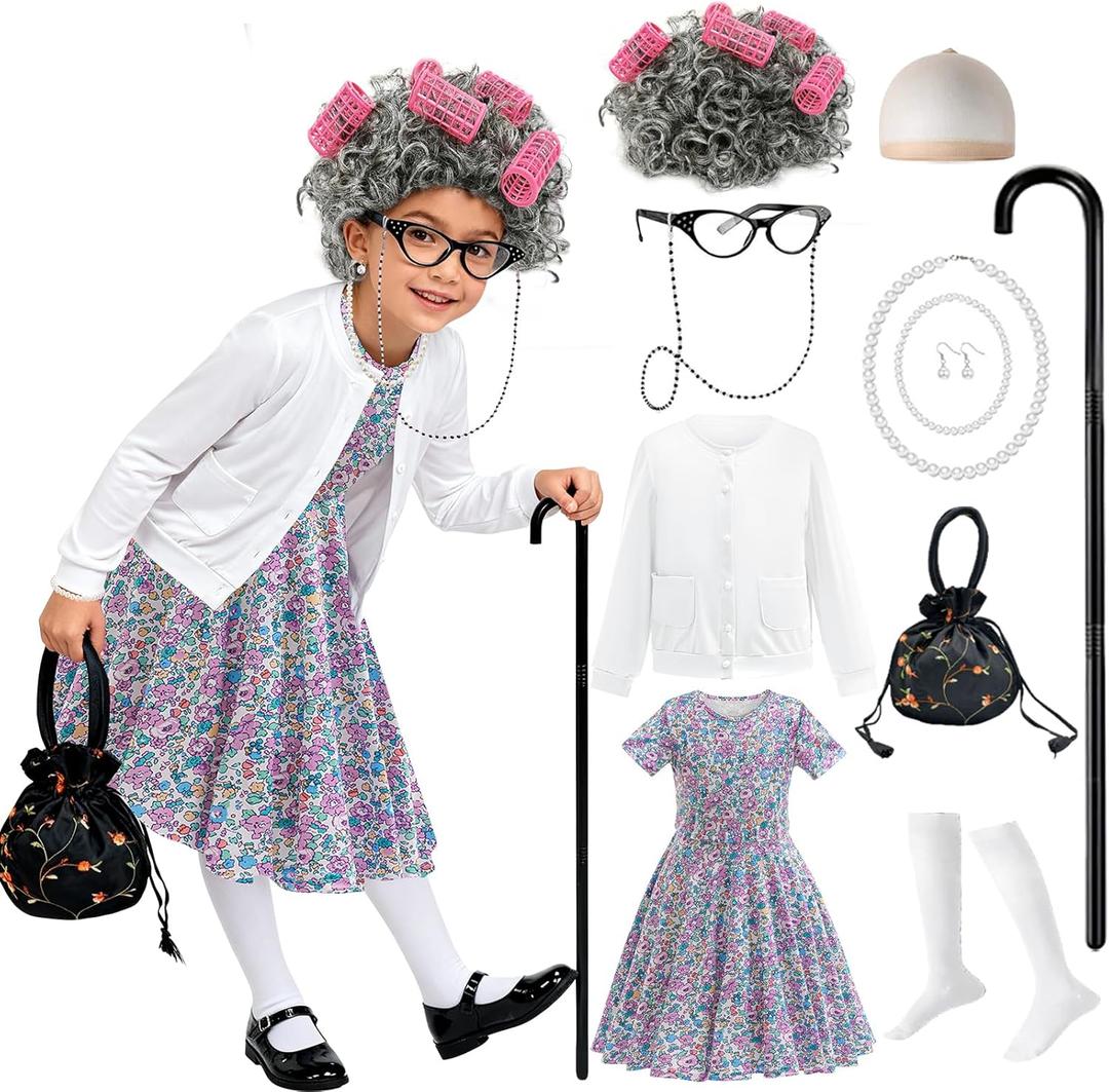 keaiyouhuo Old Lady Costume Kids, 100 Days of School Costume Old Lady Wig for Girls Granny Grandma Dress Up (4-5 Years, Purple)