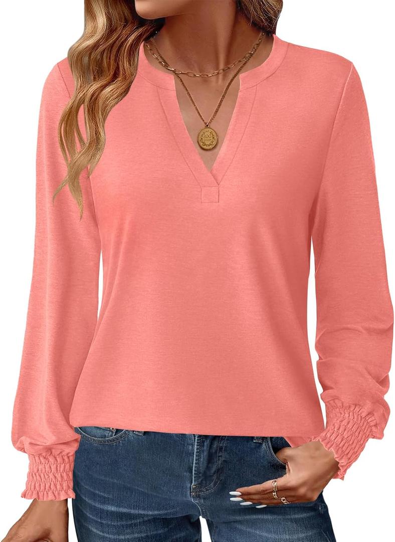 Womens Long Sleeve Shirts Fall Tops V Neck Business Dressy Casual Blouses with Smocked Cuffs (X-Large, Coral)