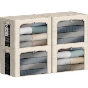 4 Pack Clothes Storage Bins with Metal Frame - 66L Stackable Storage Bins with LidsFoldable Storage Container Organizer for ClothesLinen Fabric Storage Box with Clear WindowZippersHandles (Beige)