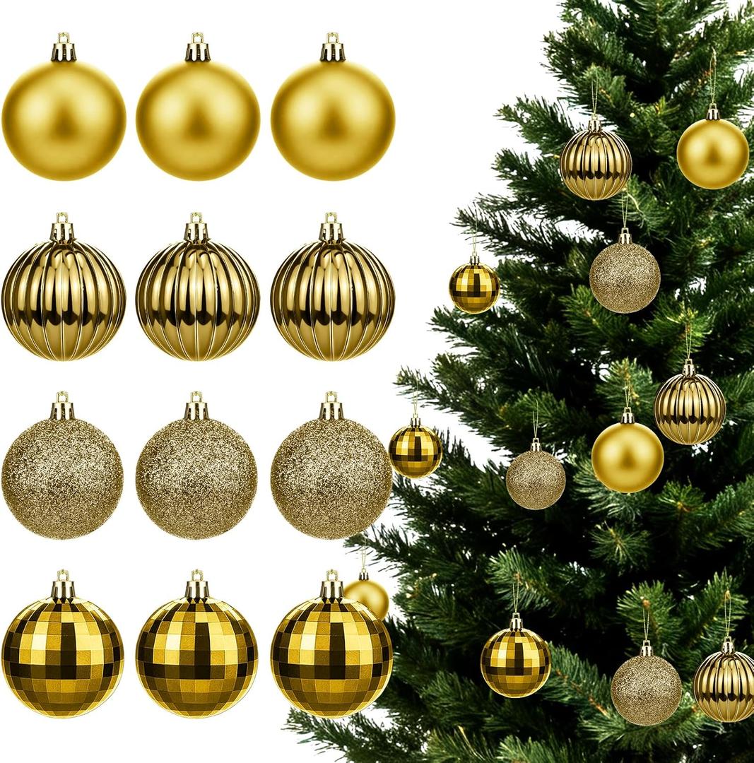 Christmas Balls 2.36 Inch Gold Christmas Ornaments Balls Xmas Tree Decoration12PCS Plastic Christmas Ornaments Hanging Ball Decorations Set for Xmas Tree Home Holiday Party Decor