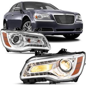 For 2011-2023 Chrysler 300/300C Headlight Assembly Halogen Chrome w/Amber Headlamp Replacement Pair set For 11-23 Chrysler 300/300C