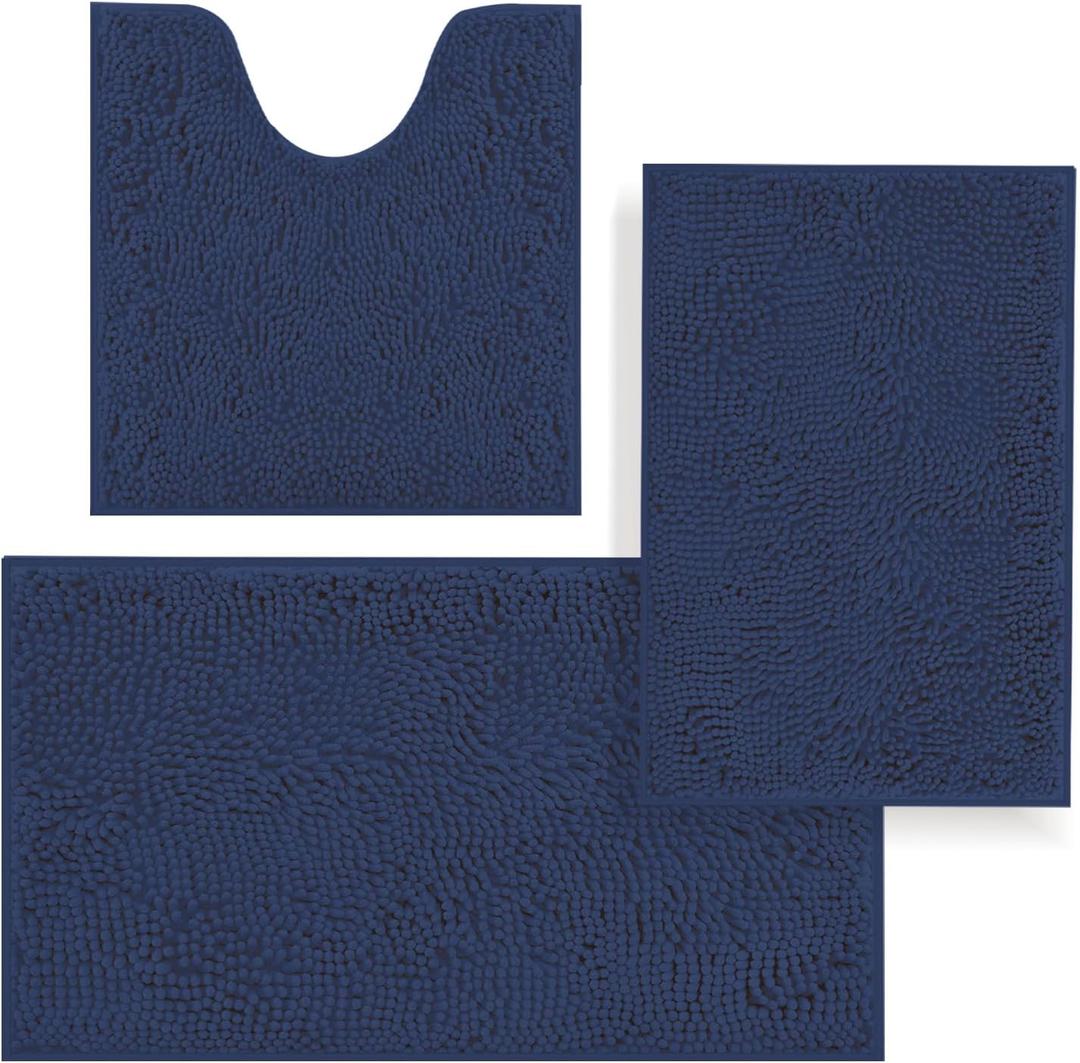Bathroom Rugs, Bath Mat Sets 3 Piece, Extra Thick Soft Absorbent Chenille Bath Rugs, Rubber Non-Slip Backing Machine Washable Quick Dry Bath Mats for Tub and Shower, Home Decor Accessories（Deep Blue)