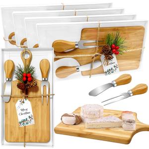 4 Pcs Christmas Gifts Bridal Shower Favor Bamboo Wooden Square Cheese Board Gift Set Cheese Knives Mini Cutting Board Bulk Set Tags and Boxes Christmas Party Birthday