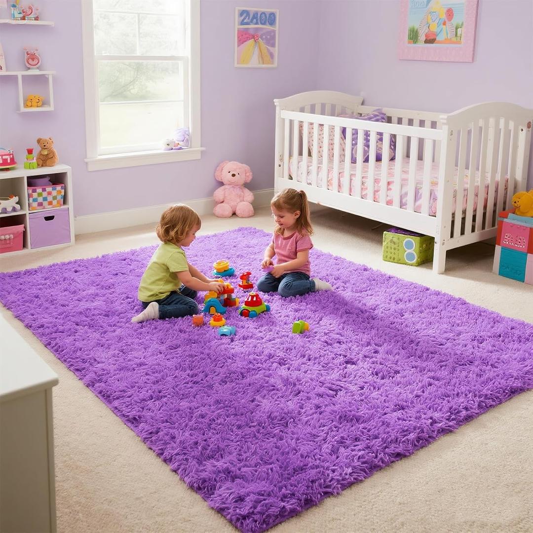 Purple Area Rugs for Girls Bedroom Living Room, 9x12 Fluffy Fuzzy Shaggy Carpet for Kids Playroom Nursery, Thick Soft Plush Mat for Kids Baby Boys Teen Dorm Home Decor Aesthetic