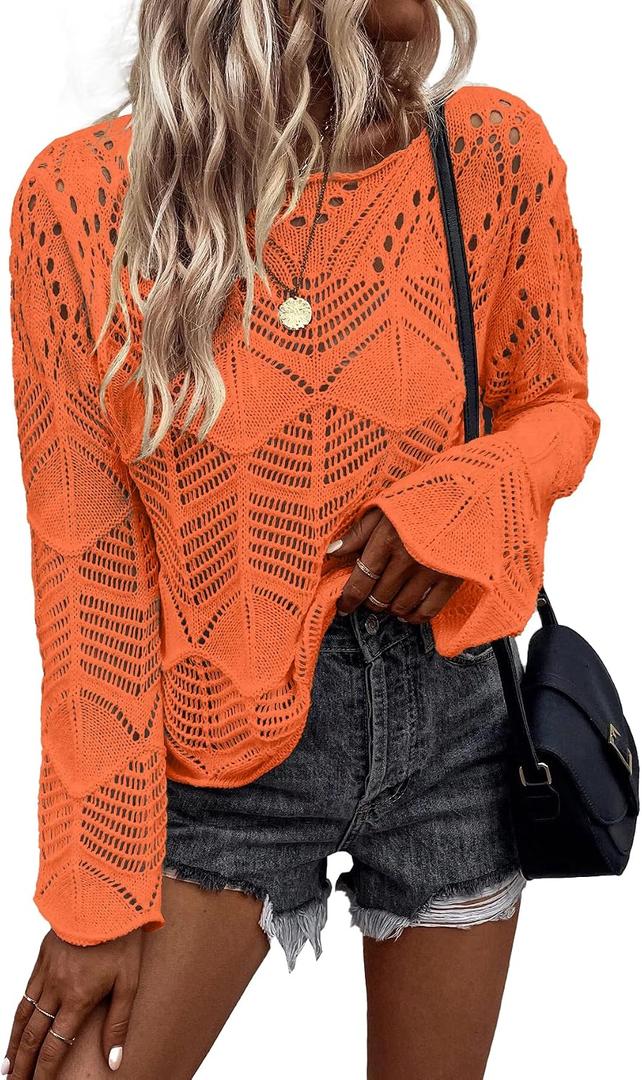 Allimy Womens Long Sleeve Hollow Out Crochet Crewneck Knitted Top Blouses Cover Up (Orange, XXL)