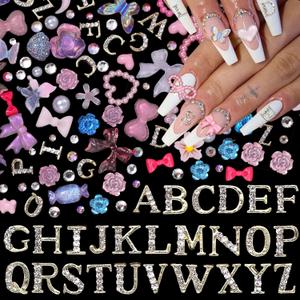 7 x 350 Pcs Letter Nail Charms, 52 Pieces Shiny Letter Nails Art, Pink Bows Heart Flower Butterfly Pearls Acrylic Nails Art Charms, Alphabet for Nail DIY Crafts