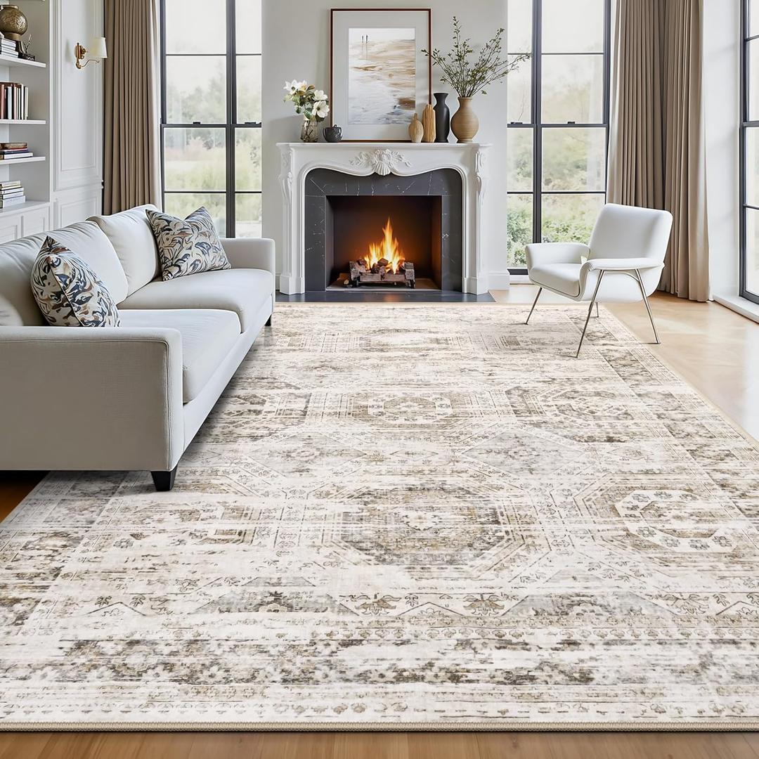 8x10 Area Rug Washable for Living Room - Vintage Non Slip Large Rug for Open Floor Plans, Soft Faux Wool Carpet for King Bedroom Dining Room, Pet Friendly Home Decor (Beige Brown)