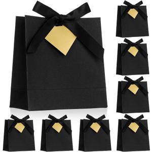 8 Pcs Small Black Gift Bags with Golden Tag 5.51 x 5.51 Inches Mini Gift Bags with Ribbon for Birthday Wedding Christmas Baby Showers, Bachelorette Bridal Showers Business Party Favor