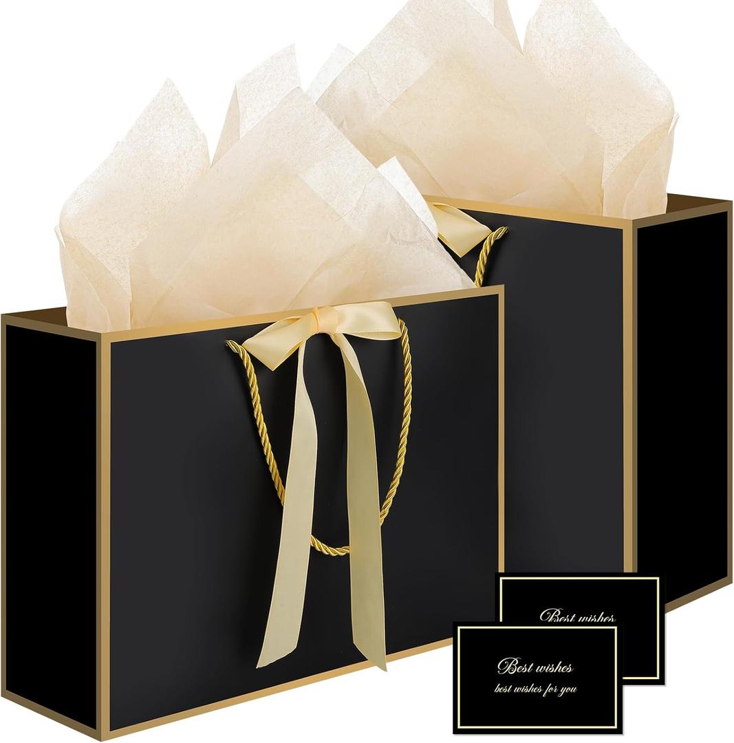 Woric Black Gift Bags with Handles, 14" Medium Gift Bag with Tissue Paper, 2 Pcs Bags with 4 Tissue Paper and 2 Cards for Graduation Boys Men Birthday Party Baby Shower