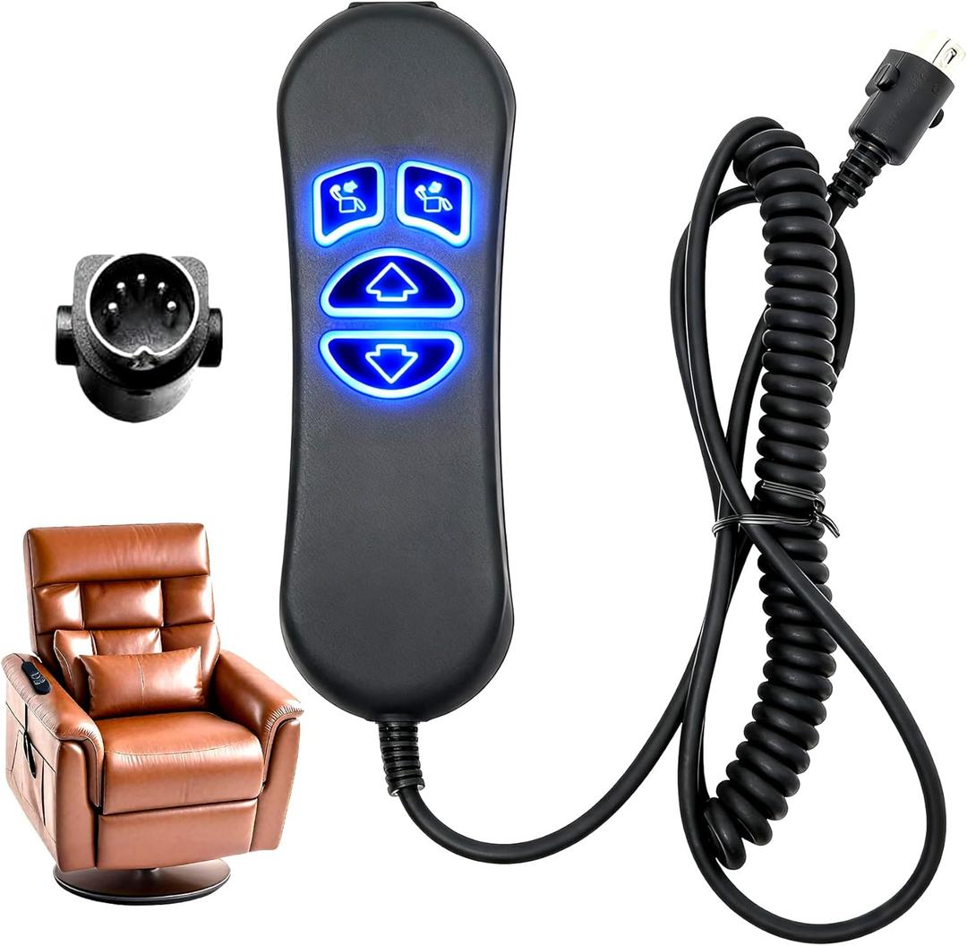 Lift Chair Remote Replacement, 4-Button Dual Motor Remote for Lift Chair & Recliner Replacement Parts, LED Backlight, USB Charging Port Adapter, Recliner Hand Control, Universal 5-Pin Plug