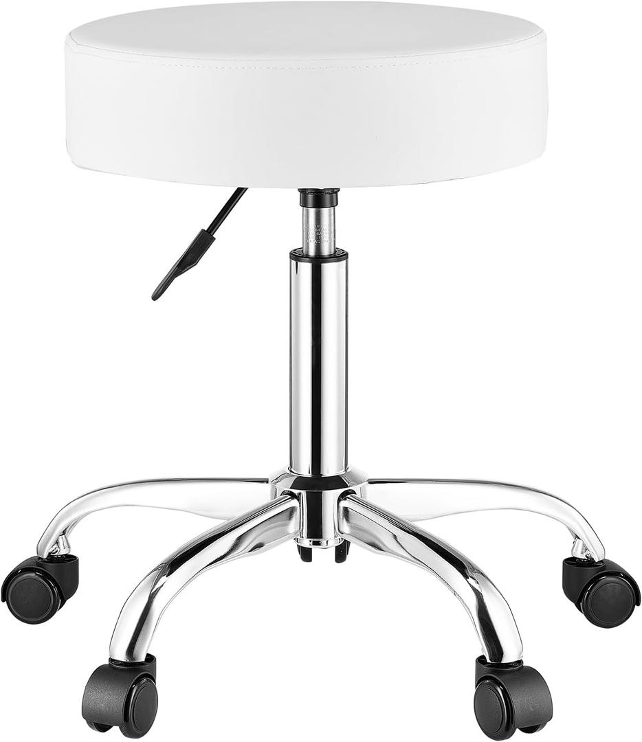 VEVOR Rolling Stool with Wheels, 450 LBS Weight Capacity Round Rolling Stool Chair, Height Adjustable Thickened PU Leather Swivel Stool for Salon, Spa, Massage, Tattoo, Clinic, White, 21.3 x 21.3 x in