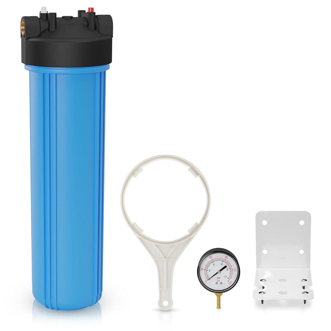 Max Water 20" x 4.5" Whole House Water Filter Housing (WHB20), 20" Sediment Carbon Filter Universal Housing (DB20P), Big Filter Blue Pre-Filtration System for Well Water, 1" NPT Port, Pressure Release