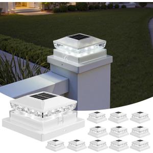 Solar Post Cap Lights, 6500K Cool White IP65 Waterproof Solar Powered Fence Light for 4x4 Wood Post & 5x5 Vinyl Fence, Deck Patio Garden Yard Outdoor Landscape Lighting, ABS Material, 12 Packs
