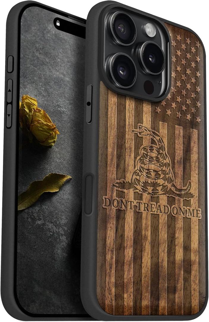 Carveit Magnetic Wooden Case for iPhone 16 Pro Case, Wood Artisan Engraved & Black Soft TPU Shockproof Cover, Compatible with MagSafe Wireless Chargers (Gadsden and American Flag) Walnut