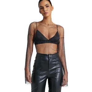 Rhinestone Crystal Crop Top, Long Sleeve Mesh Body Chains, See Through Mesh Diamond Fishnet Shirts Outfits (Black, No Size)