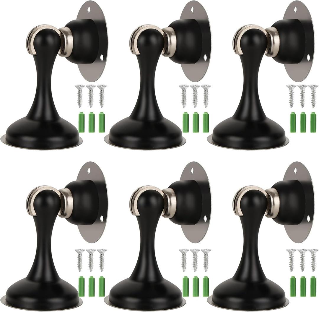SHUESS 6 Pack Black Magnetic Door Stopper Heavy Duty Magnetic Door Holder, Stainless Steel Magnetic Door Stop with Adhesive Tape, Screws for Stronger Wall & Floor Mount, Keep Door Open