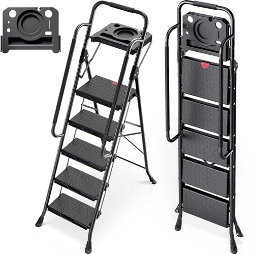 KINGRACK 5 Step Ladder, Folding Step Stool for Adult with Tool Platform, Handrails, Wide Anti-Slip Pedals, Pass 800lbs Load Testing， Portable Safety Step Stool for Home, Kitchen, Black