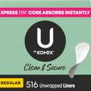 U by Kotex Clean & Secure Panty Liners, Light Absorbency, Regular Length, 516 Count (4 Packs of 129) 