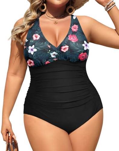 Aqua Eve Women Plus Size One Piece Swimsuits V Neck Tummy Control Bathing Suits Retro Ruched Swimwear. Size 14 Plus